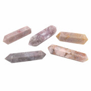 Five faceted rose agate double-terminated points in pink, lavender and tan hues