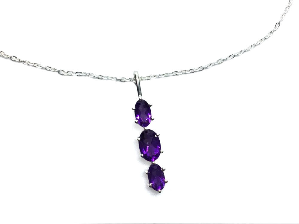 Faceted Amethyst Necklace - 3 Faceted Ovals Prong Set with 925 Sterling Silver with 18" Chain
