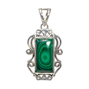 Malachite rectangle cabochon pendant in silver filigree bezel with open cut bail