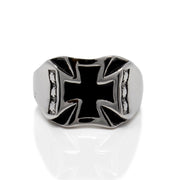 Stainless steel 5-point Maltese cross ring with black center cross and textured silver side bands, front view