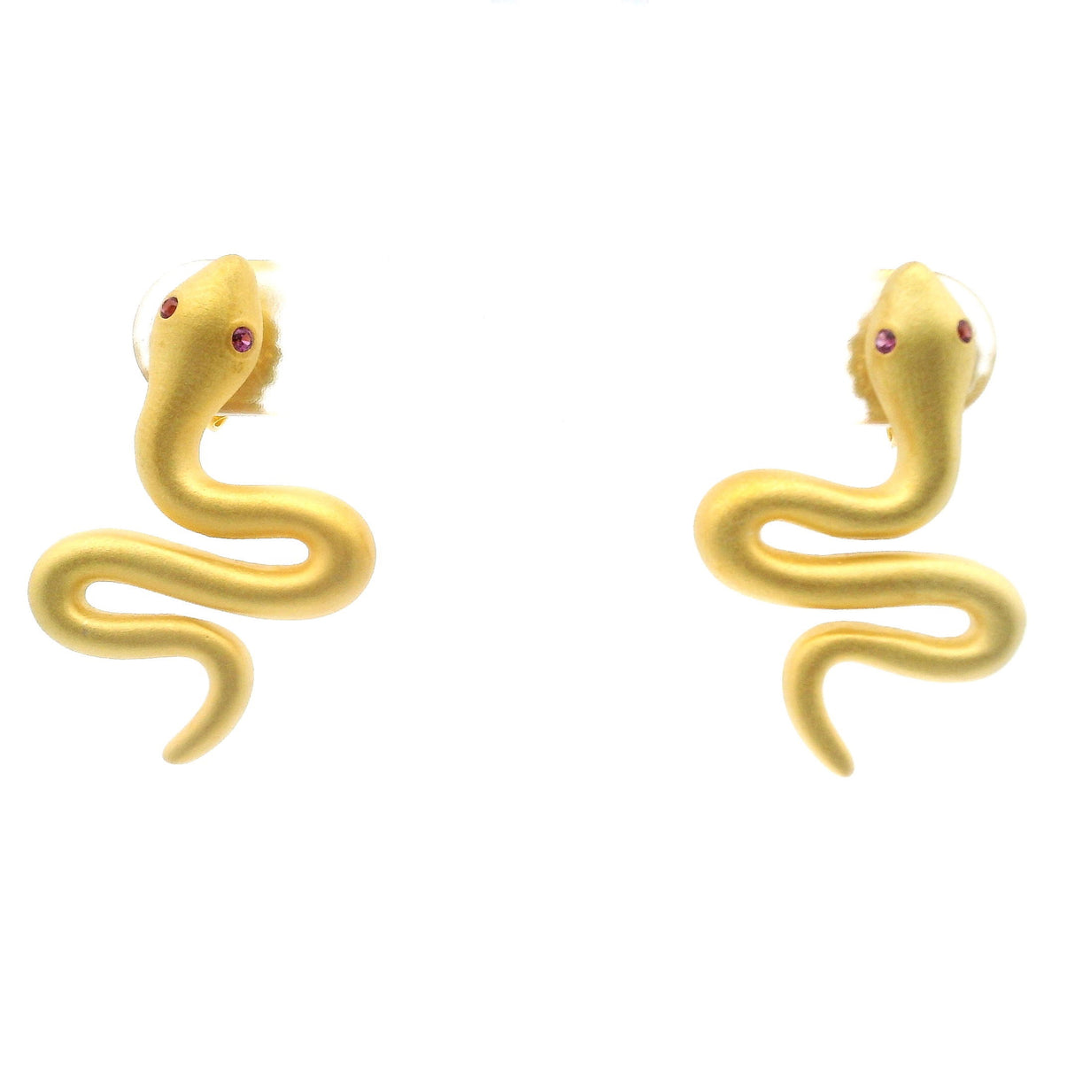 Nano Stone Stud Earrings - Brushed Gold Snake with Pink Eyes in Gold Vermeil over 925 Sterling Silver
