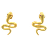 Nano Stone Stud Earrings - Brushed Gold Snake with Pink Eyes in Gold Vermeil over 925 Sterling Silver