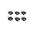 Six pyrite voluptuous hearts polished to a metallic brass-gold shine, laid out in two rows