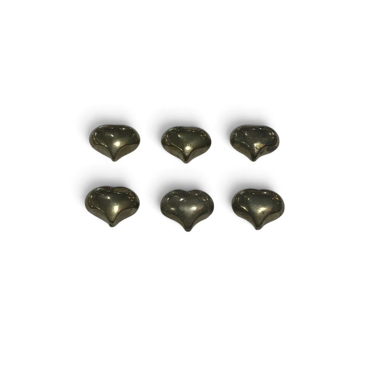 Six pyrite voluptuous hearts polished to a metallic brass-gold shine, laid out in two rows