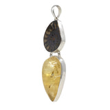 Citrine Pendant - Cambered Reverse Pear Cabochon Paired with Ammonite Slice with Deep Mocha & Beige Sutures with Silver Bezels