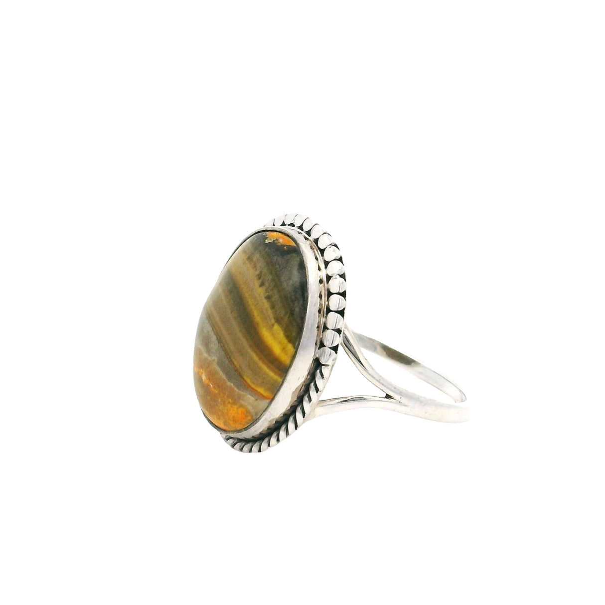 Bumblebee Jasper Cabochon Ring with Silver Design Bezel
