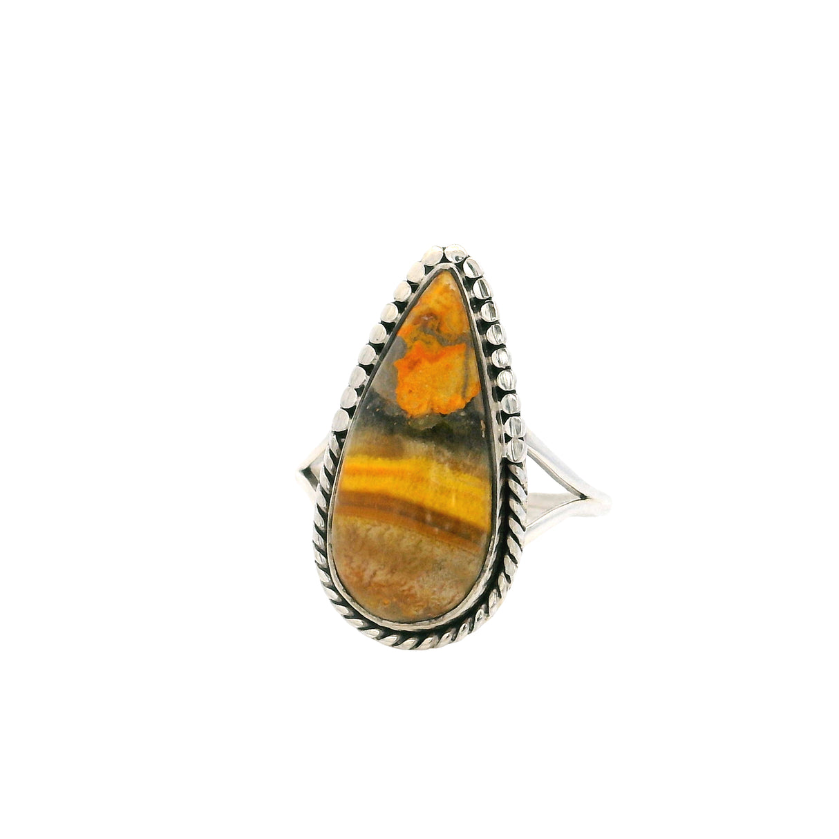 Bumblebee Jasper Cabochon Ring with Silver Design Bezel