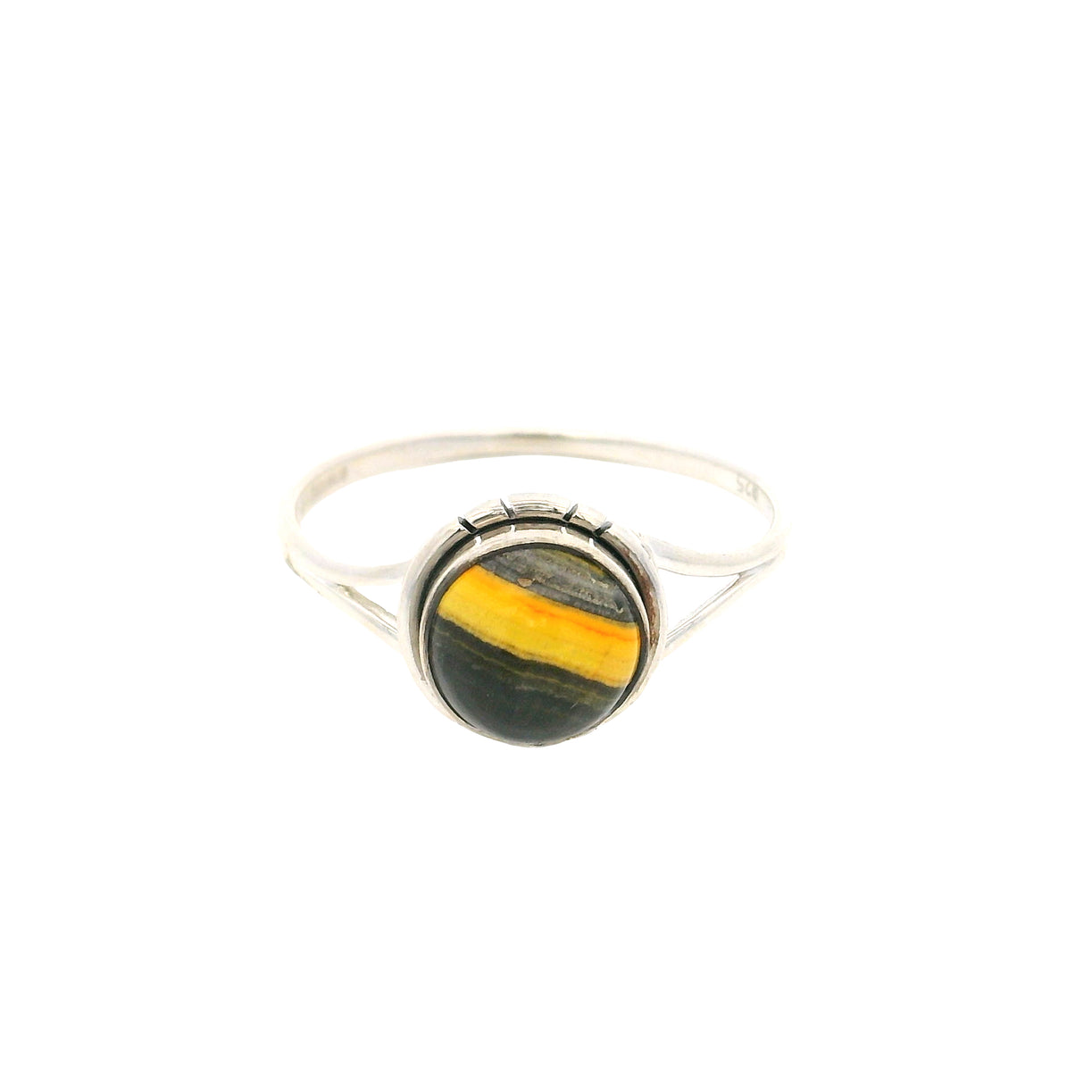 Bumblebee Jasper Cabochon Ring with Silver Design Bezel