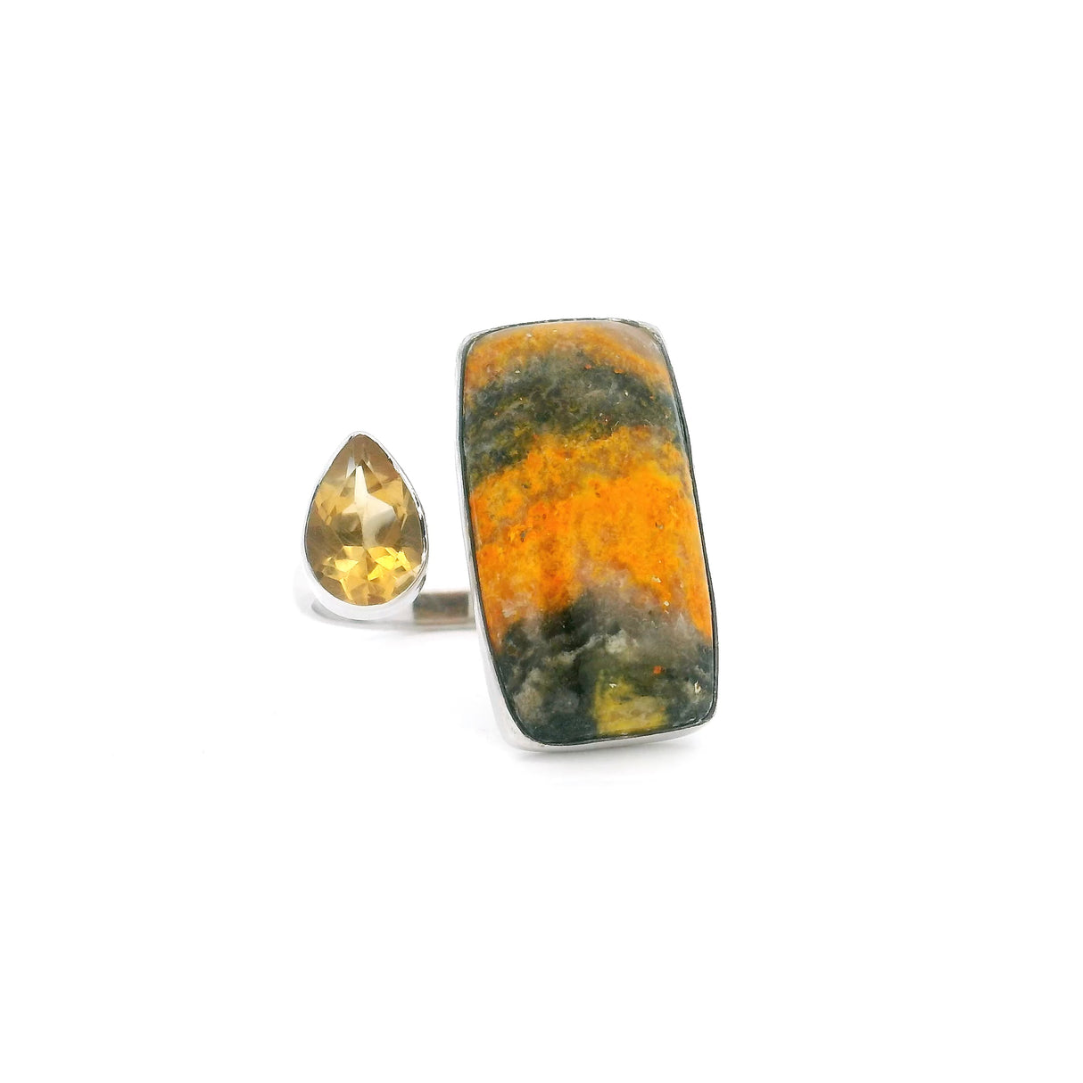 Bumblebee Jasper Cabochon & Faceted Citrine Ring - Adjustable