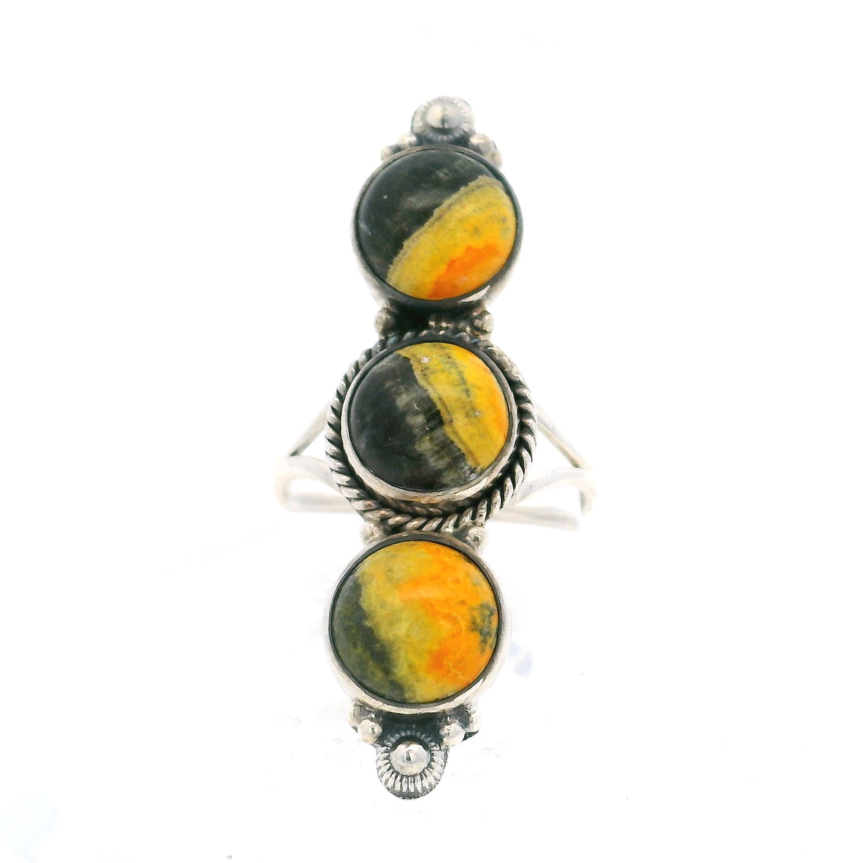 Bumblebee Jasper Trio Cabochon Ring - Bezel Set with Silver Details