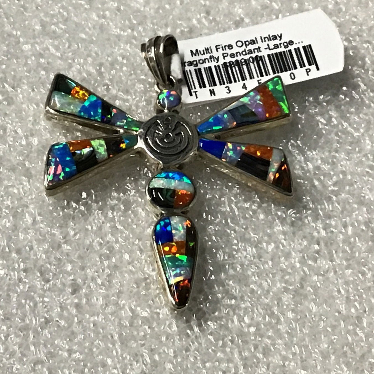 Multi Fire Opal Inlay Dragonfly Pendant -Large With Man In The Maze At Center