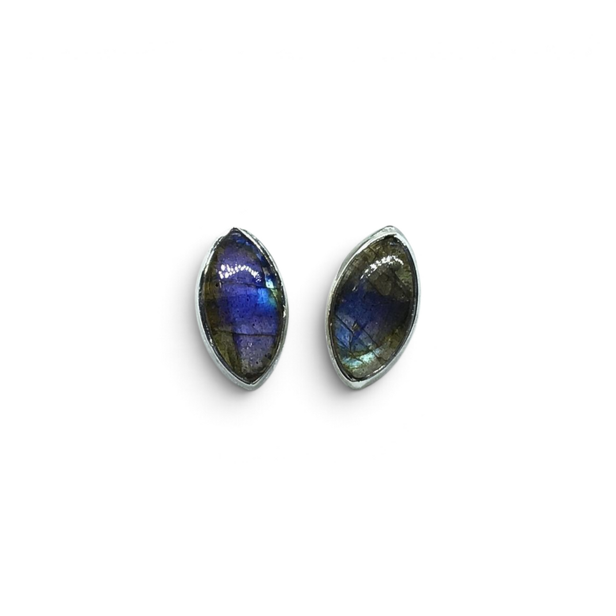 Rare Earth Gallery labradorite stud earrings featuring sharp oval cabochon stones in a simple silver bezel setting.