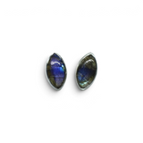 Rare Earth Gallery labradorite stud earrings featuring sharp oval cabochon stones in a simple silver bezel setting.