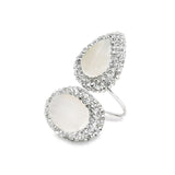 Selenite Ring - Oval & Pear Surrounded by Rows of Silver Swarovski Crystals on Open Double Band in 925 Sterling Silver szAdj.
