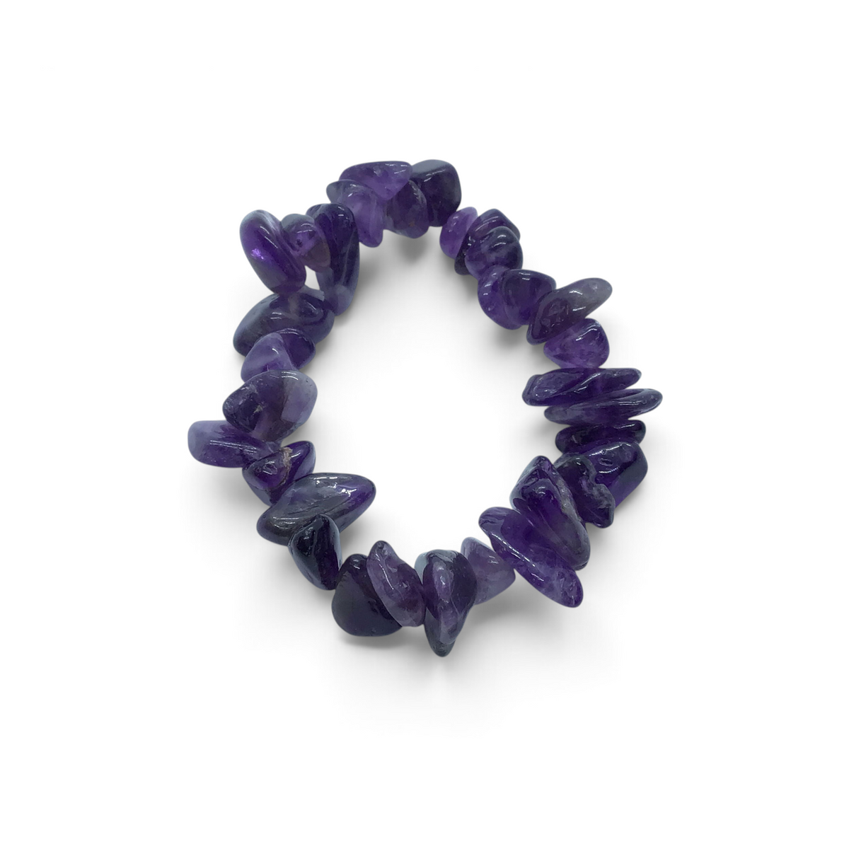 Amethyst chunky chip stretch bracelet of tumbled purple stone pieces on white