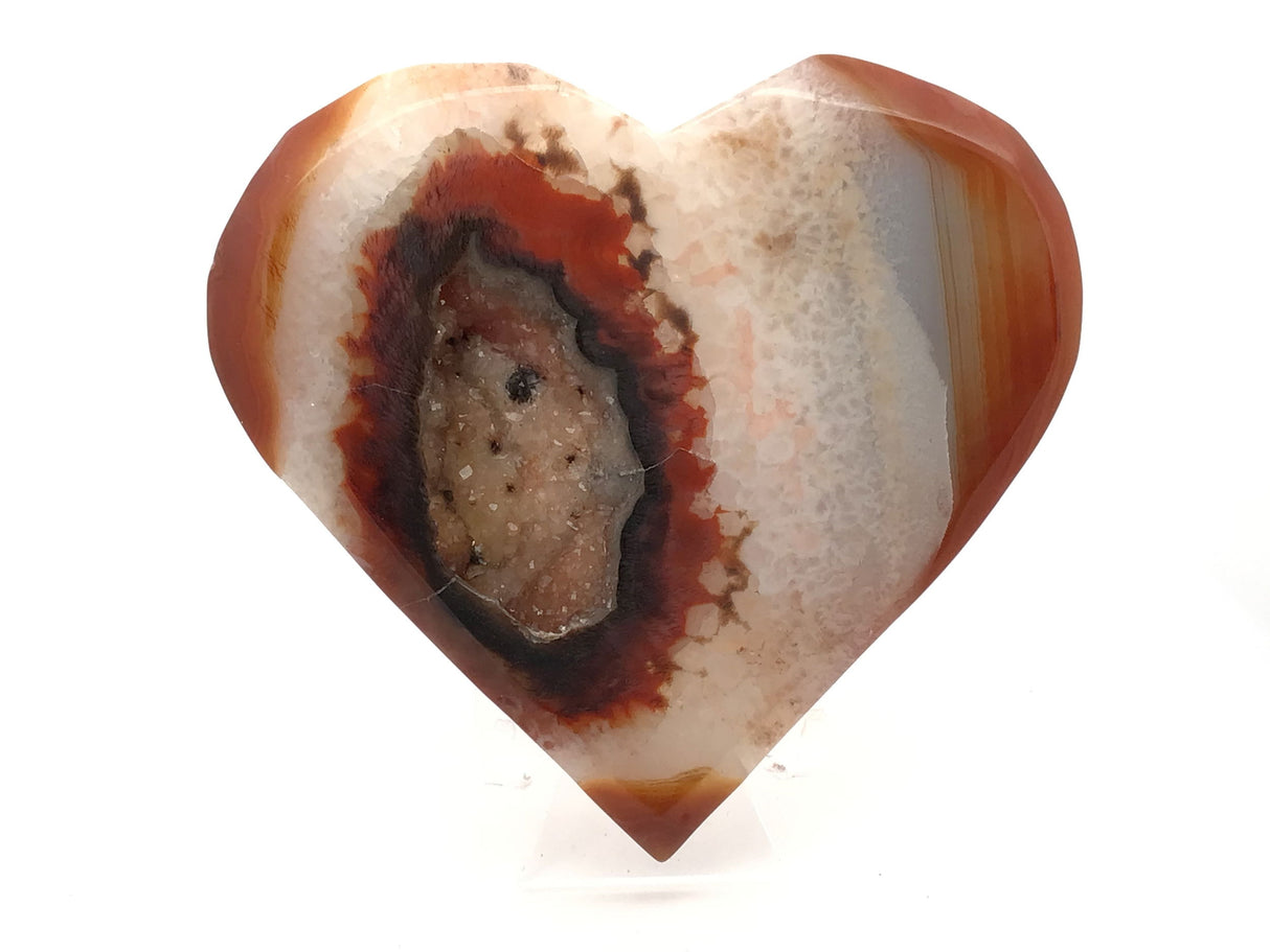Sardonyx Carnelian Agate Heart Flat with Druze on Lucite Stand - Vertical Orange Banding with Wide Quartz Band & Red & Dark Brown Surrounding Deep Sugar Druzy Pocket on Left Side