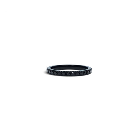 Rare Earth Gallery 2mm titanium ring with black IP plating and a half-band of sparkling black cubic zirconia stones.
