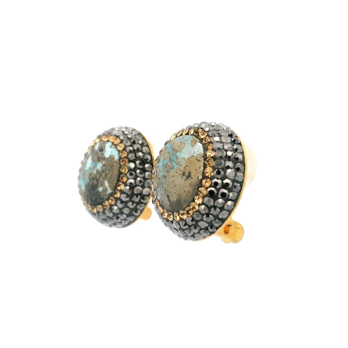 Persian Turquoise Earrings - Clip-On Round Surrounded by Rows of Gold Swarovski Crystals & Marcasite with Gold Vermeil over 925 Sterling Silver