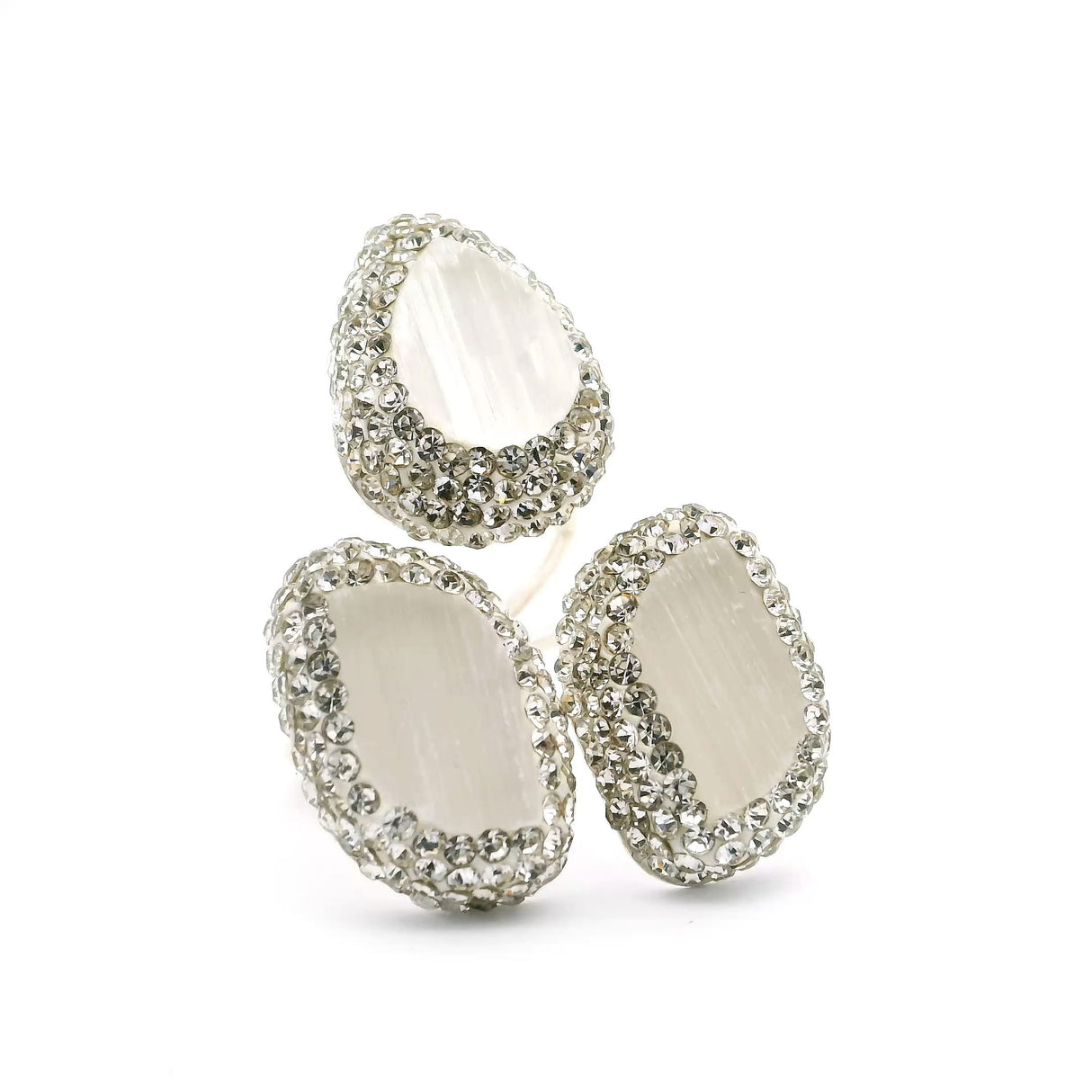 Selenite Ring - Pear & 2 Freeforms Surrounded by Rows of Silver Swarovski Crystals on Open Double Band in 925 Sterling Silver szAdj.
