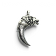 Rare Earth Gallery Muonionalusta meteorite claw pendant featuring a 925 sterling silver wolf head with swirl accents.