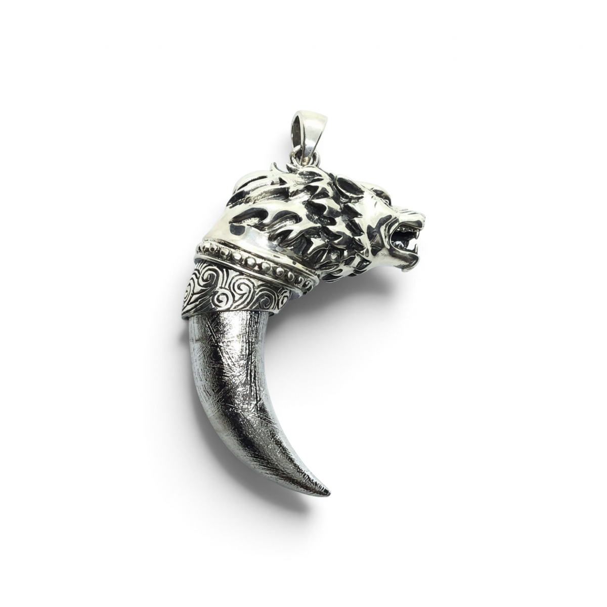 Rare Earth Gallery Muonionalusta meteorite claw pendant featuring a 925 sterling silver wolf head with swirl accents.