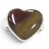 Rare Earth Gallery heart-shaped Arizona petrified wood cabochon ring set in a polished silver bezel.