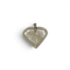 Rare Earth Gallery heart-shaped pendant made of clear rutile quartz with visible golden needle-like inclusions.