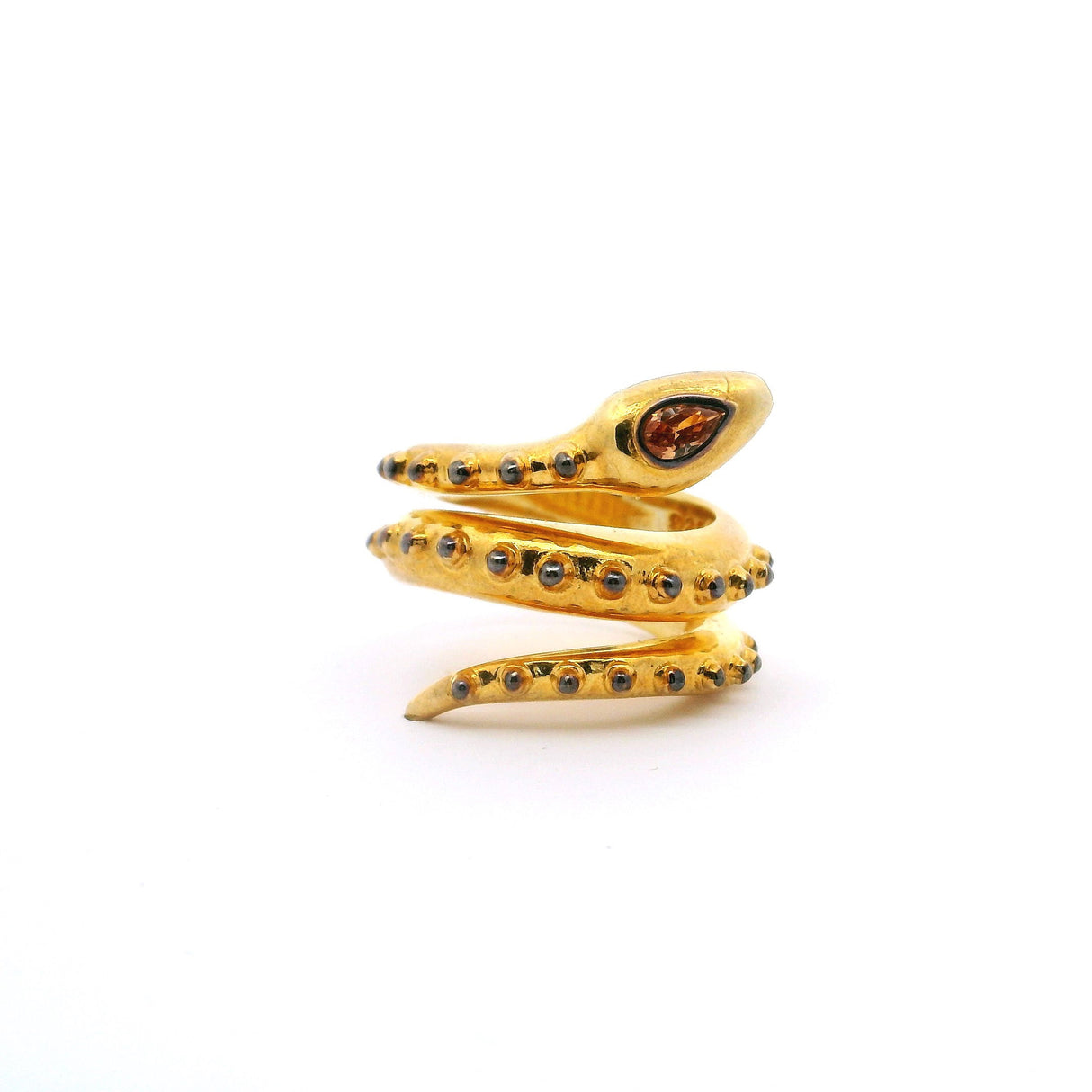 Nano Stone Ring - Gold Snake with Pink Tourmaline Pear on Head & Raised Spikes on Back in Gold Vermeil over 925 Sterling Silver