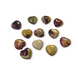 Rare Earth Gallery collection of polished Mookaite Jasper heart-shaped stones in various earthy red and yellow tones.