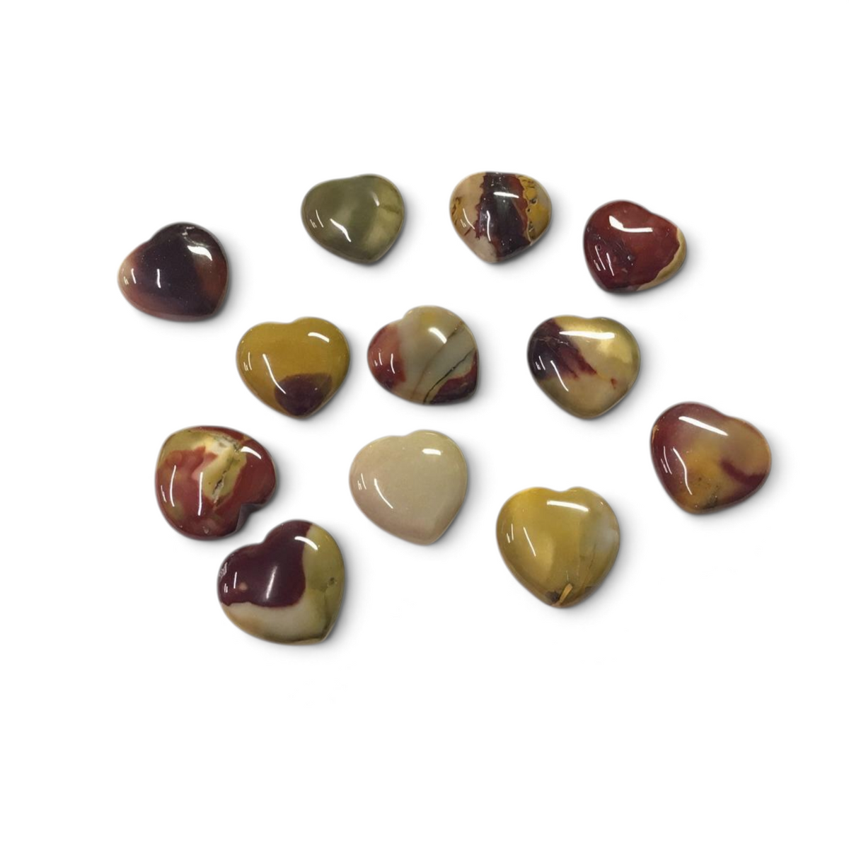 Rare Earth Gallery collection of polished Mookaite Jasper heart-shaped stones in various earthy red and yellow tones.