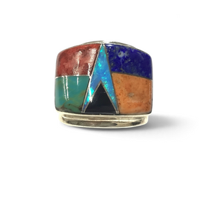 Rare Earth Gallery wide band ring featuring a multicolor micro inlay design with a central V-shaped opal stone.