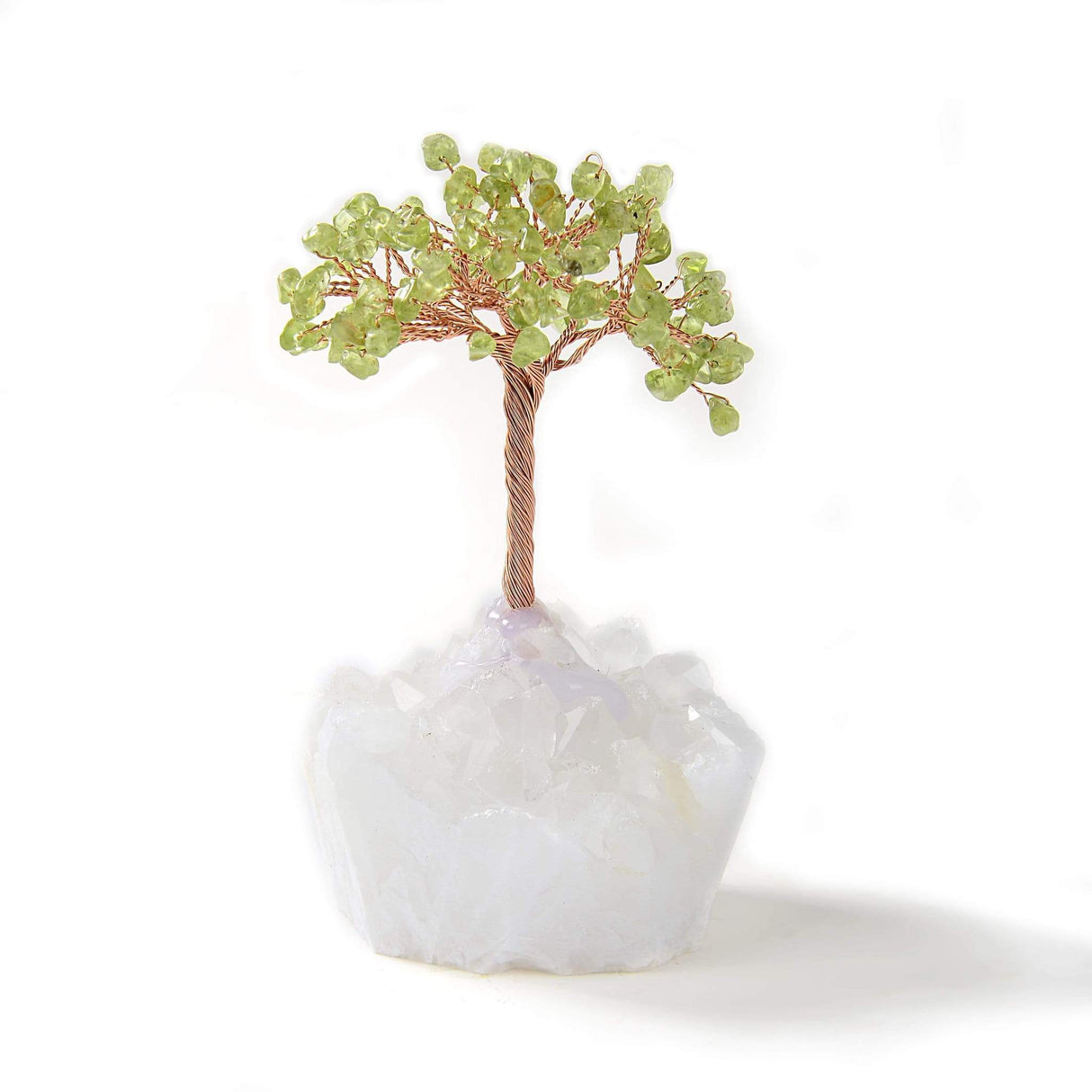 Peridot Copper Wire Beaded Gemstone Tree on Quartz Crystal Base