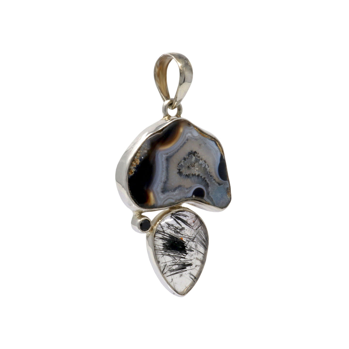 Black Agate Geode Pendant with Black Tourmalated Quartz Pear at Bottom & Black Spinel