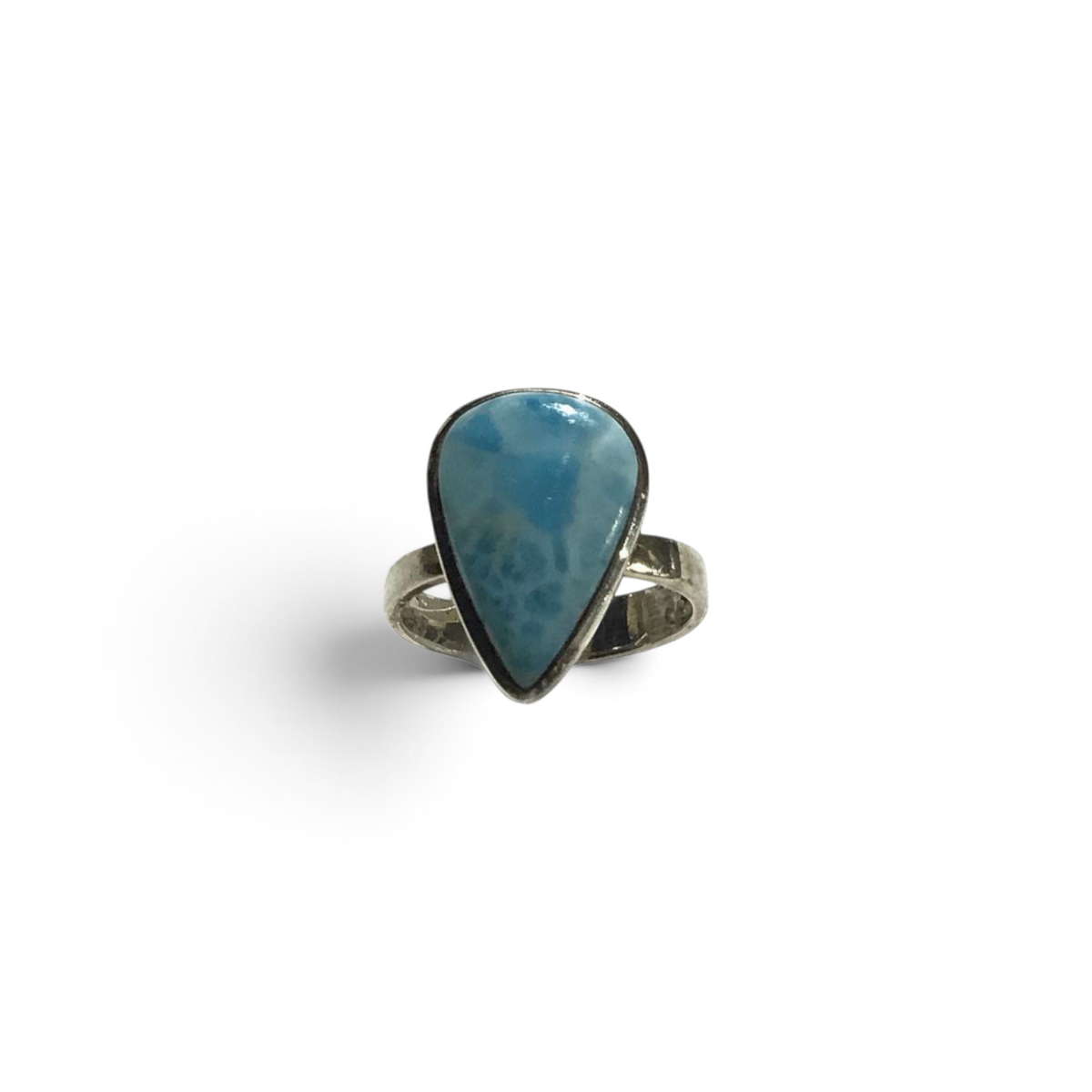 Rare Earth Gallery pear-shaped blue larimar gemstone ring set in a simple sterling silver band.