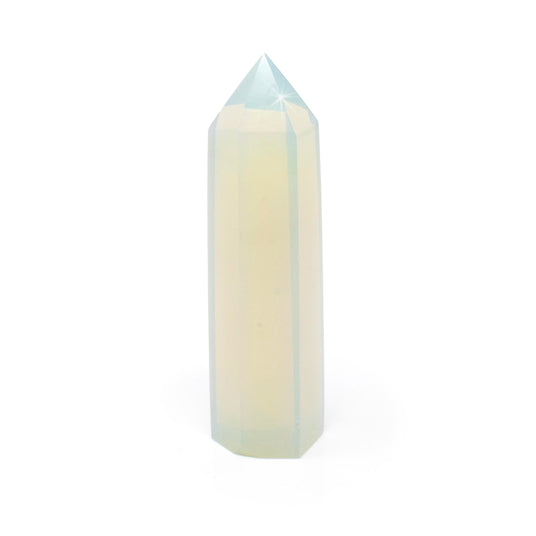 Milky white opalite tower with faceted sides and a glowing blue-tinged point on white