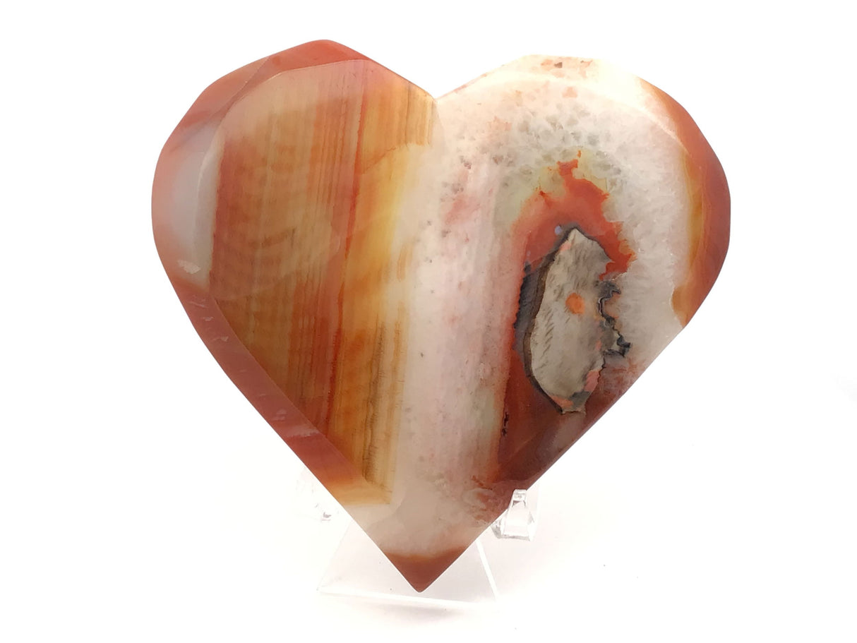 Sardonyx Carnelian Agate Heart Flat with Druze on Lucite Stand - Vertical Orange Banding with Wide Quartz Band & Red & Dark Brown Surrounding Deep Sugar Druzy Pocket on Left Side