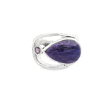 Bague en Charoïte Taille 9 - Cabochon Poire avec Améthyste Ronde Facettée et Chaton en Argent Sertis sur un Dessus de Bague Ouverte