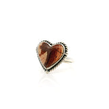 Red Jasper Ring - Heart Cabochon with Vertical Peach & Red Striations Triangular Peach Inclusion Bezel Set with Rope Detail in Simple 925 Sterling Silver sz5