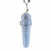 Pale blue angelite crystal point pendant wire wrapped in silver