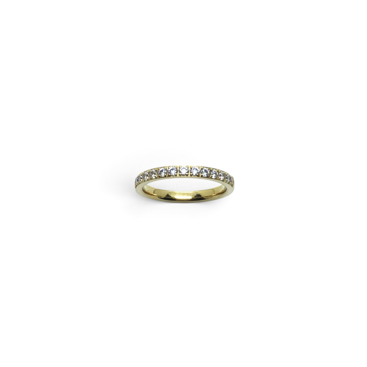 Rare Earth Gallery 2mm titanium ring with gold IP plating and a half-band of sparkling white cubic zirconia stones.