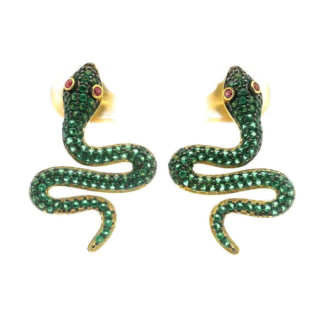 Nano Stone Stud Earrings - Green Snake with Red Eyes in Gold Vermeil over 925 Sterling Silver
