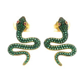 Nano Stone Stud Earrings - Green Snake with Red Eyes in Gold Vermeil over 925 Sterling Silver