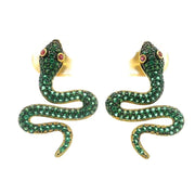 Green nano stone pavé snake stud earrings with red eyes in gold vermeil