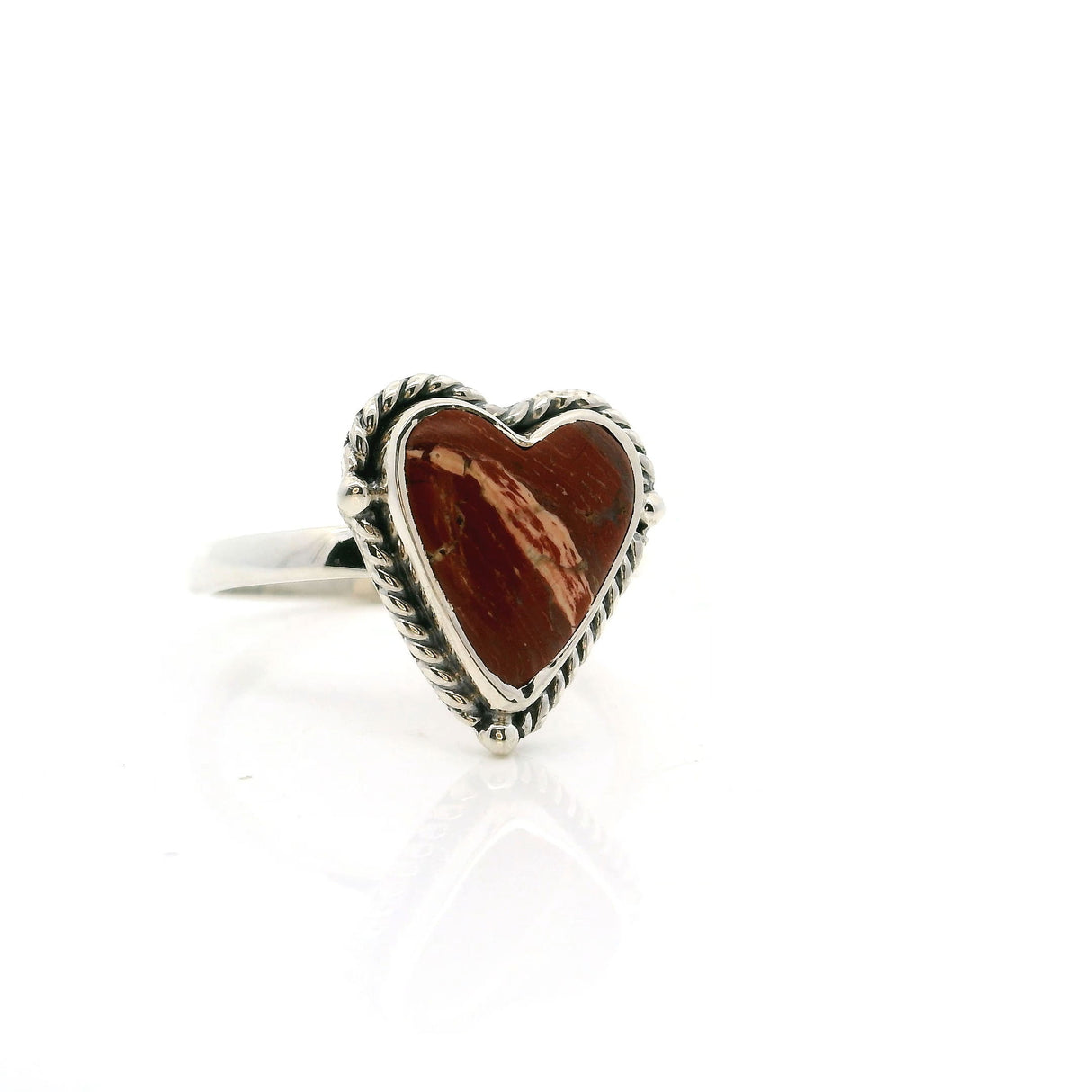 Red Jasper Ring - Heart Cabochon with Thick Peach Diagonal Line Inclusion Bezel Set with Rope Detail in Simple 925 Sterling Silver sz8