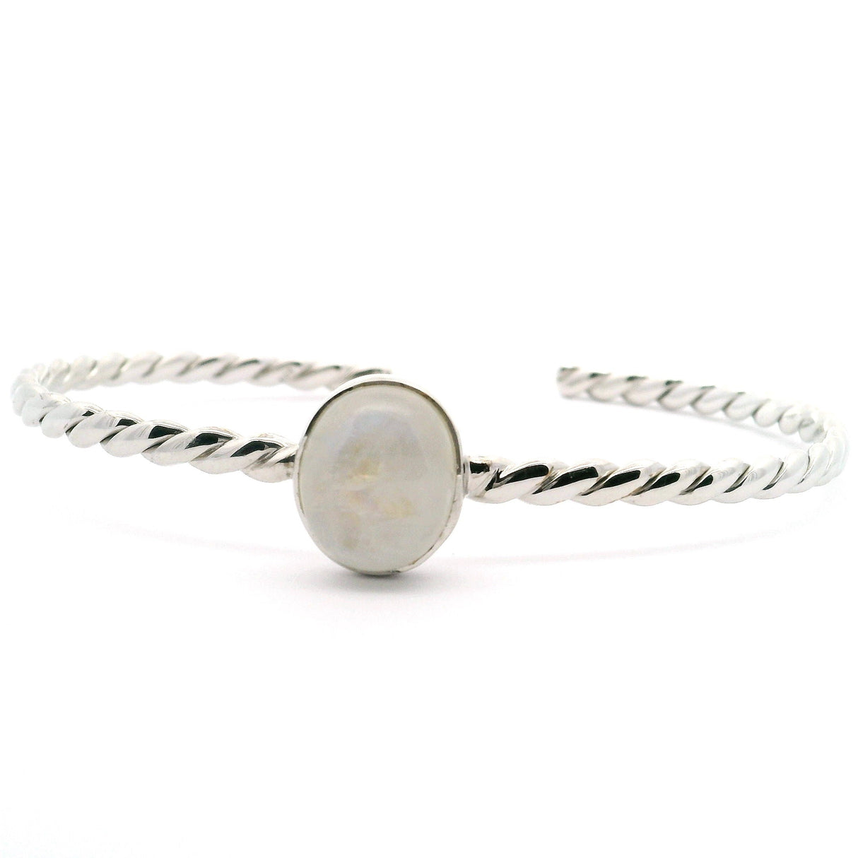Bracelet manchette en pierre de lune arc-en-ciel - Cabochon ovale serti clos sur un jonc torsadé en argent sterling 925
