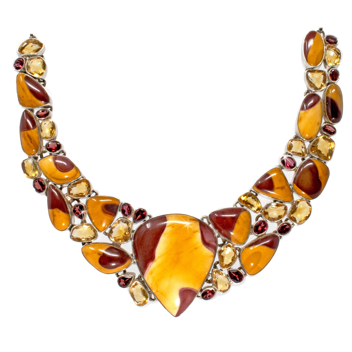 Mookaite Necklace with Faceted Citrine & Garnet on 925 Sterling Silver Fluid Collar with Toggle Clasp