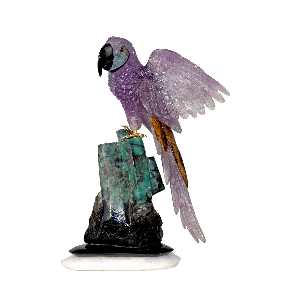 Amethyst Macaw Perched on Emerald Crystal Base