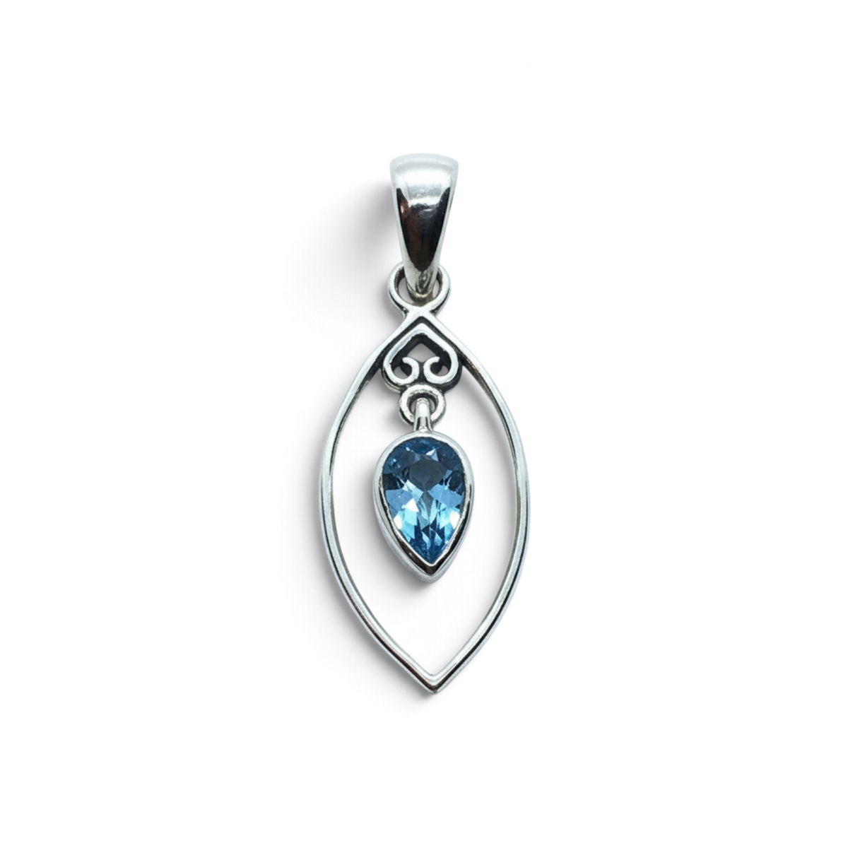 Rare Earth Gallery blue topaz pear-shaped pendant with a silver heart detail inside an oval wire frame