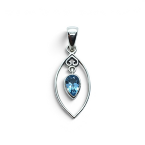 Rare Earth Gallery blue topaz pear-shaped pendant with a silver heart detail inside an oval wire frame