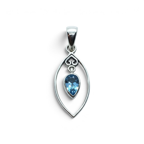 Rare Earth Gallery blue topaz pear-shaped pendant with a silver heart detail inside an oval wire frame